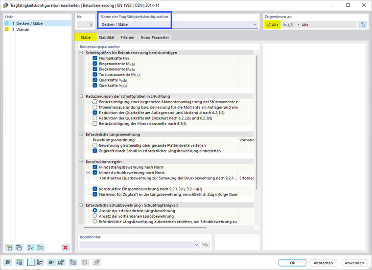 Tragfähigkeitskonfiguration für Decken und Stäbe