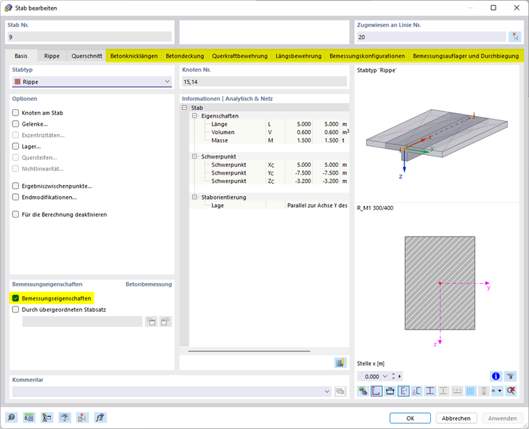 Bemessungseigenschaften für Unterzug aktiviert
