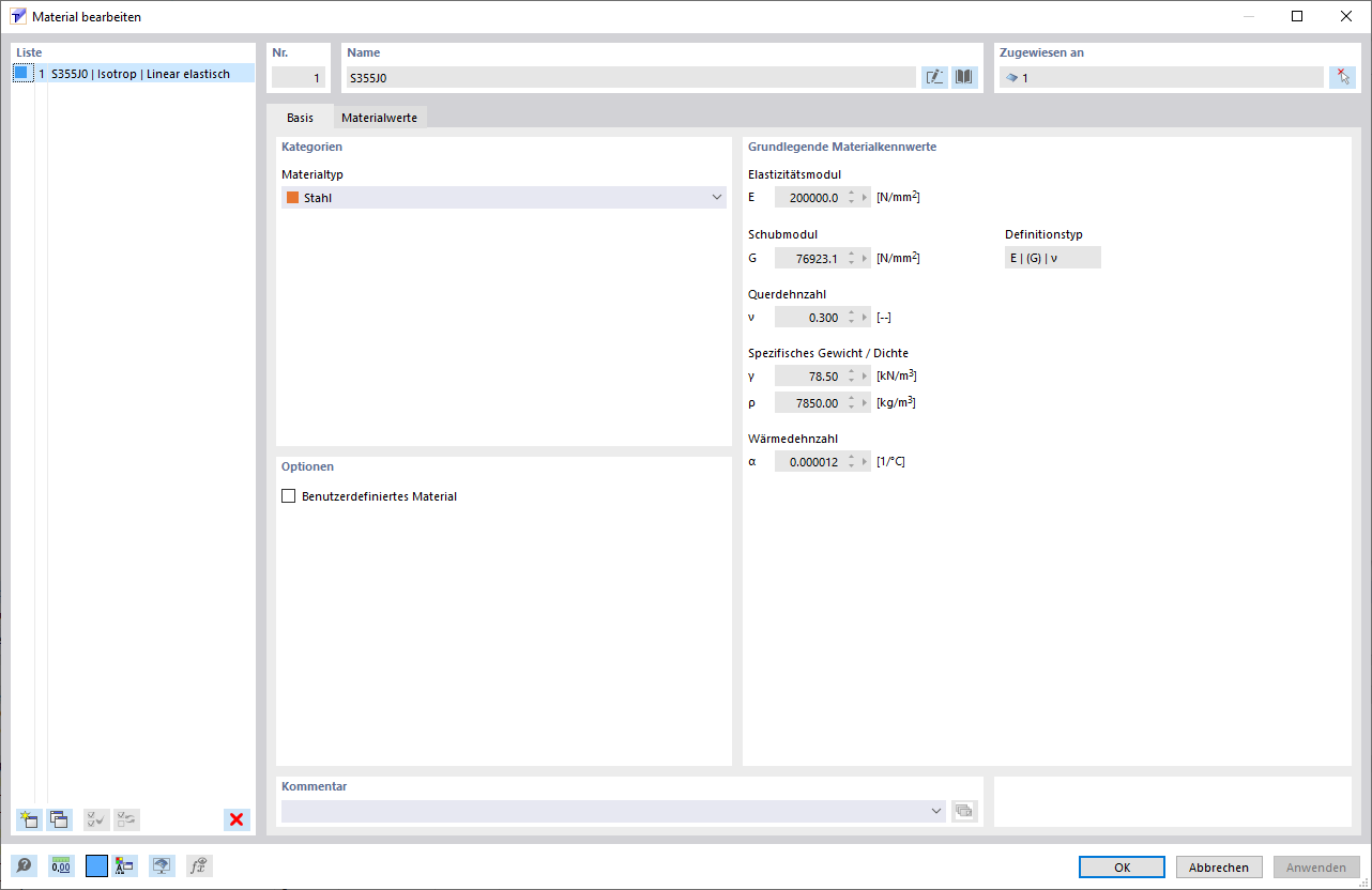 Dialog 'Neues Material'