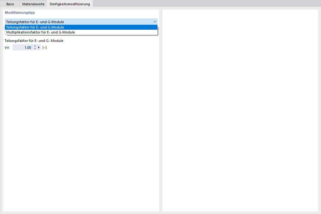 Dialog 'Neues Material', Register 'Steifigkeitsmodifizierung'