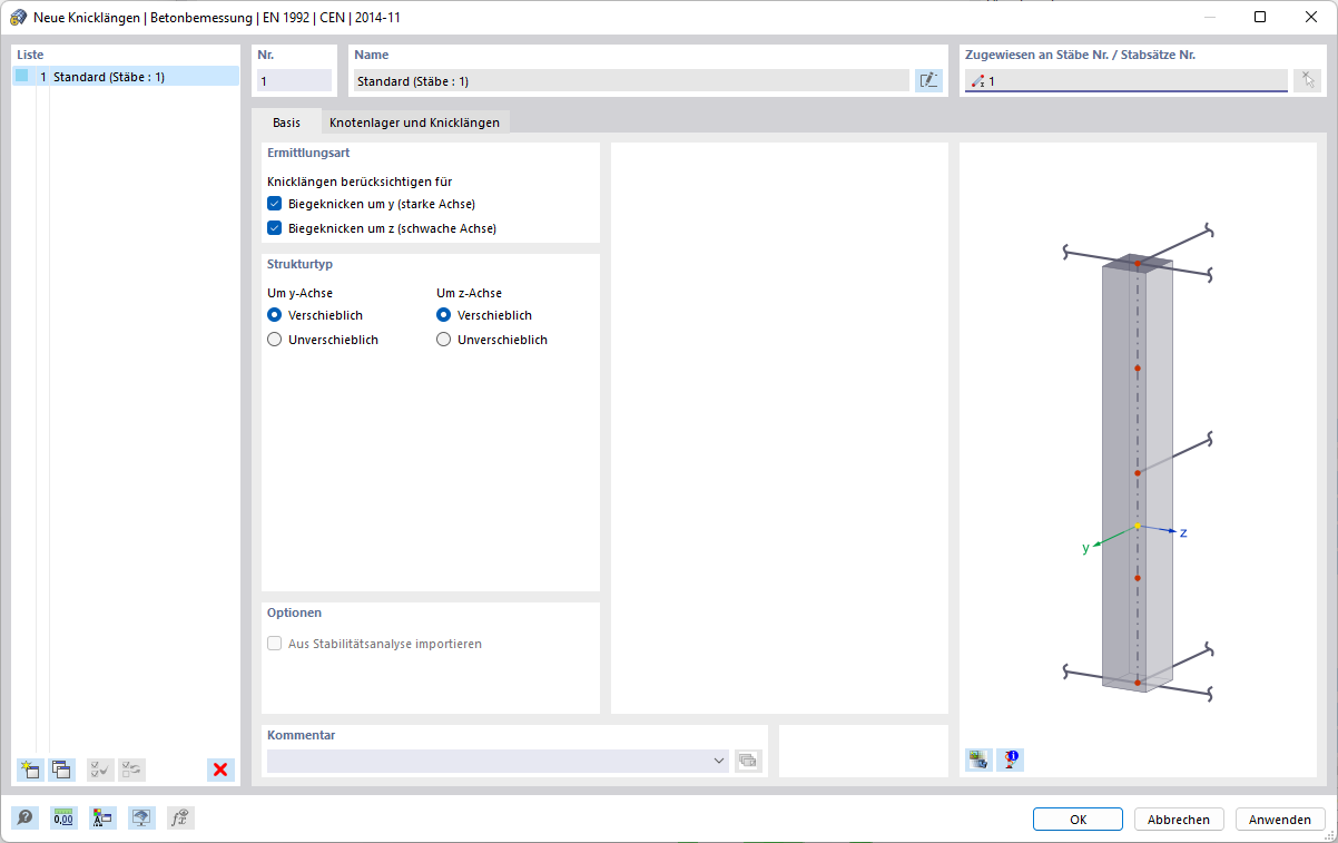 Dialog 'Neue Knicklängen'
