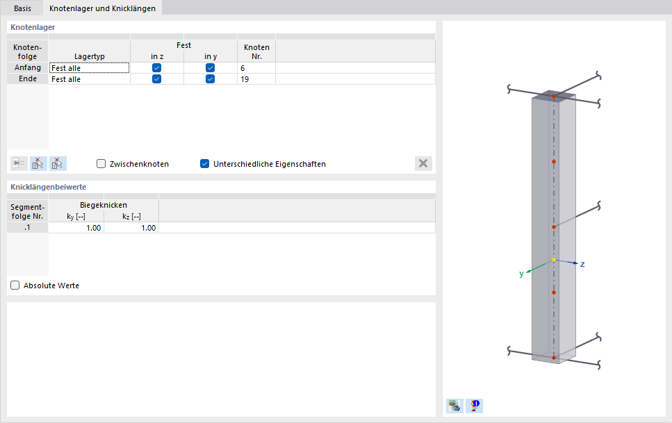 Register 'Knotenlager und Knicklängen'