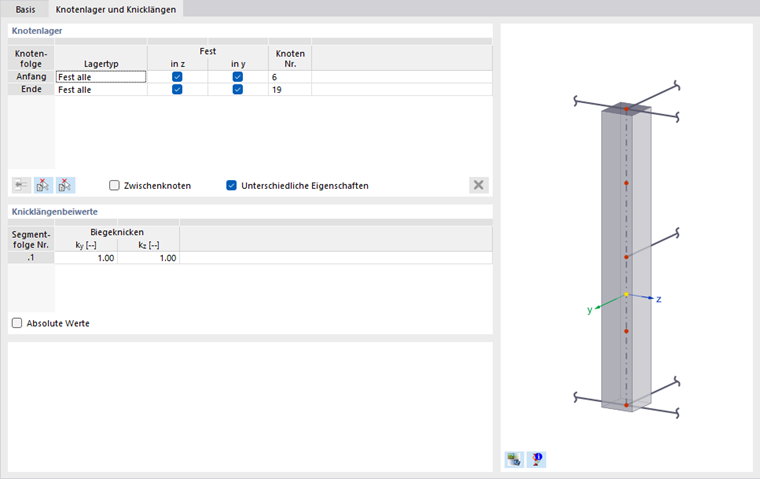 Register 'Knotenlager und Knicklängen'