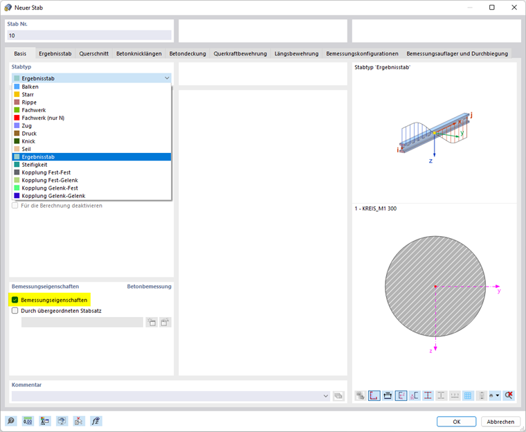 Auswahl des Stabtyps 'Ergebnisstab'