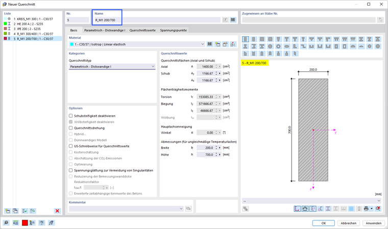 Definition eines rechteckigen Querschnitts