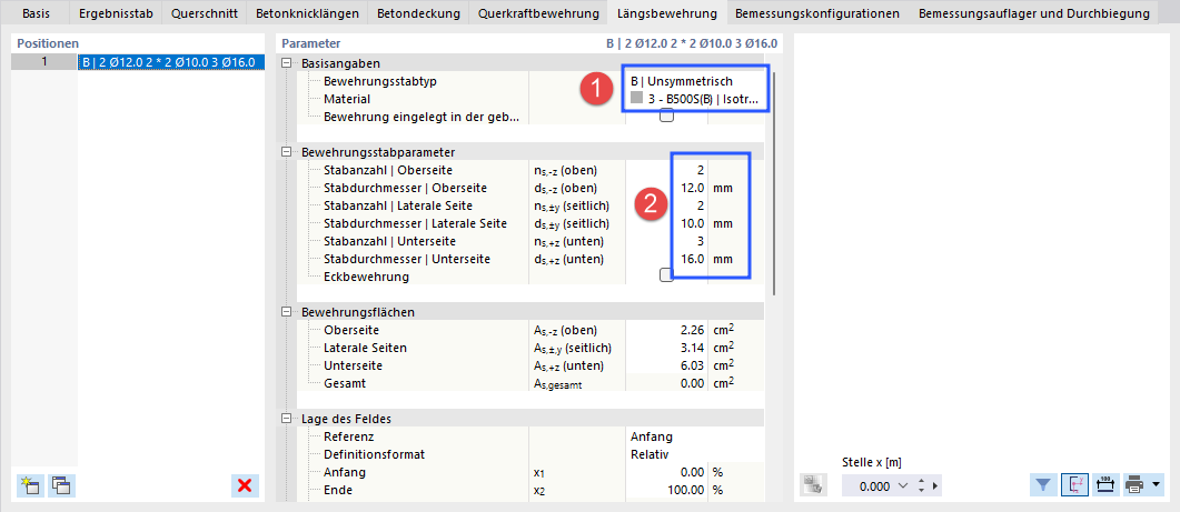 Definition der Längsbewehrung