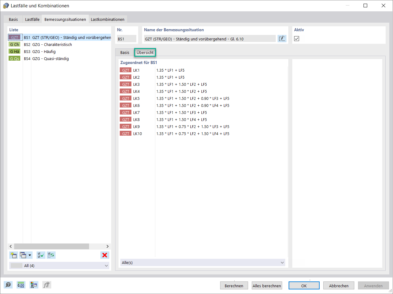 Gewählte Bemessungssituation mit zugeordneten Lastkombinationen