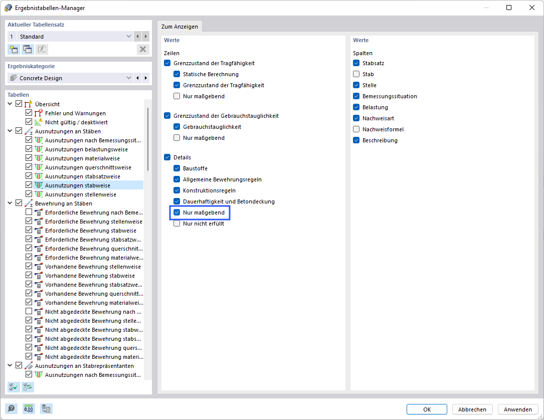 Auswahl der "maßgebenden" Ergebnisse