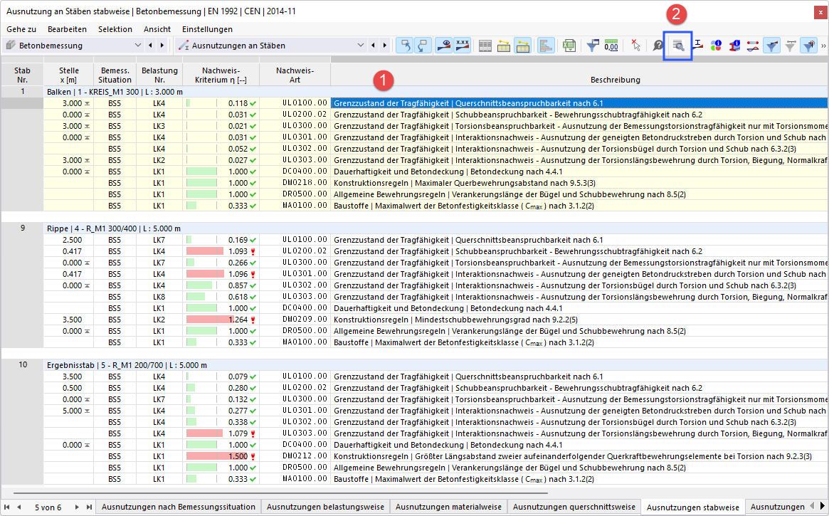 Tabelle nur mit maßgebenden Ergebnissen der Detaillierung