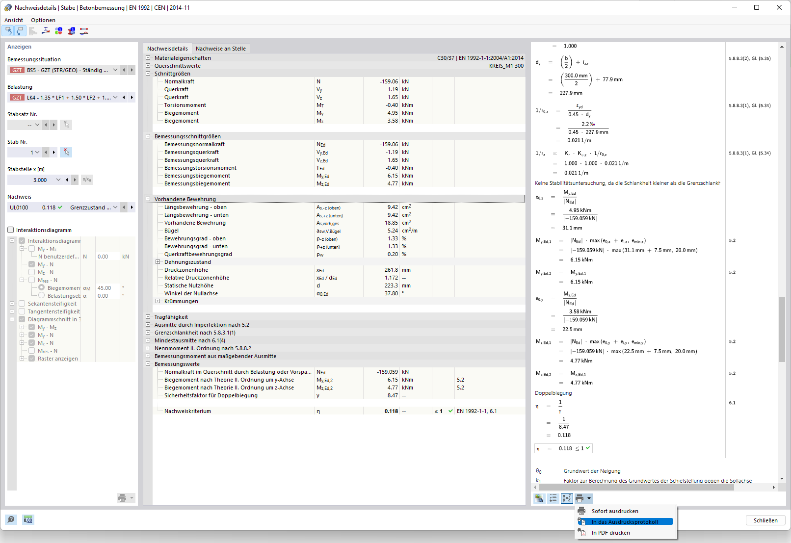 Nachweisdetails der Stütze für Doppelbiegung