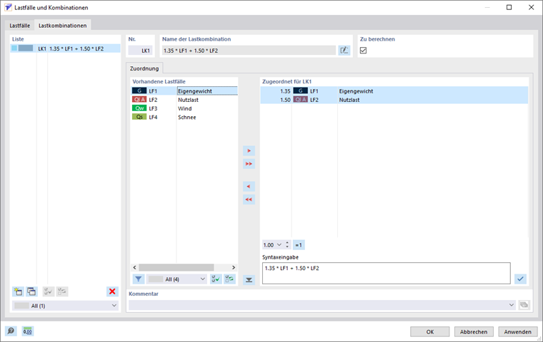 Lastkombination definieren