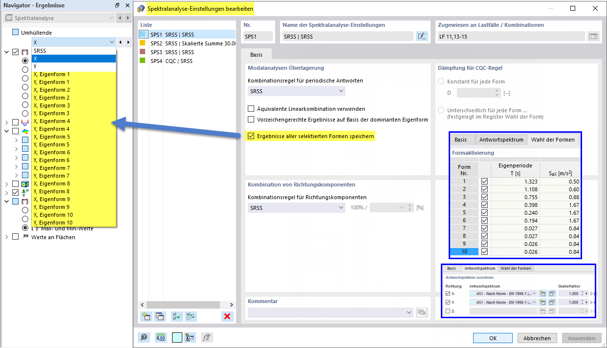 Teilergebnisse der selektierten Eigenformen auswählen
