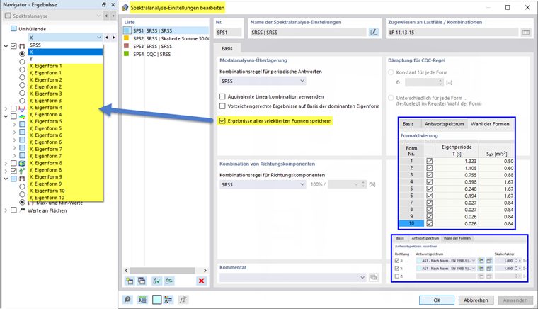 Teilergebnisse der selektierten Eigenformen auswählen