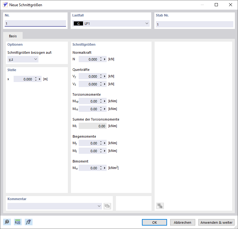 Dialog 'Neue Schnittgrößen'