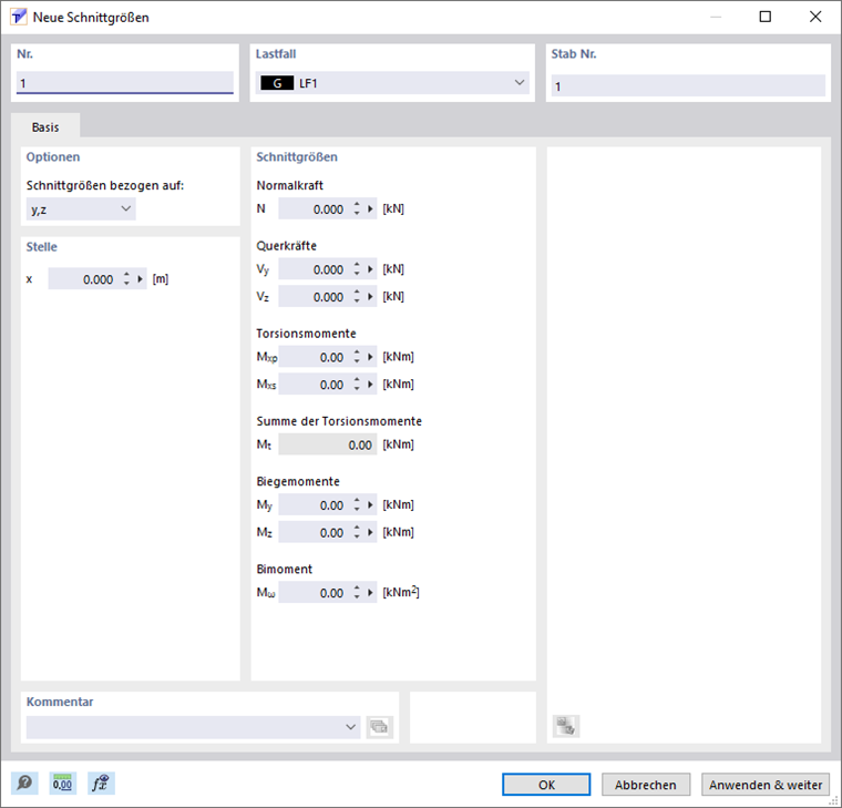 Dialog 'Neue Schnittgrößen'