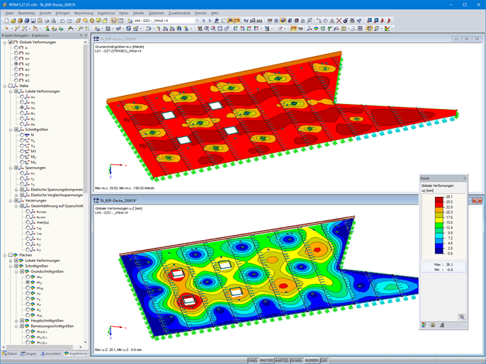 Brettsperrholzdecke mit Schnittgrößen (oben) und Verformungen (unten) in RFEM (© ATP architekten ingenieure)