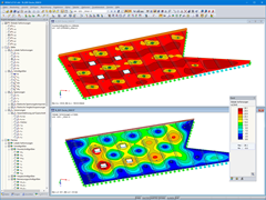 Brettsperrholzdecke mit Schnittgrößen (oben) und Verformungen (unten) in RFEM (© ATP architekten ingenieure)