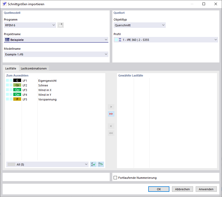 Dialog 'Schnittgrößen importieren'