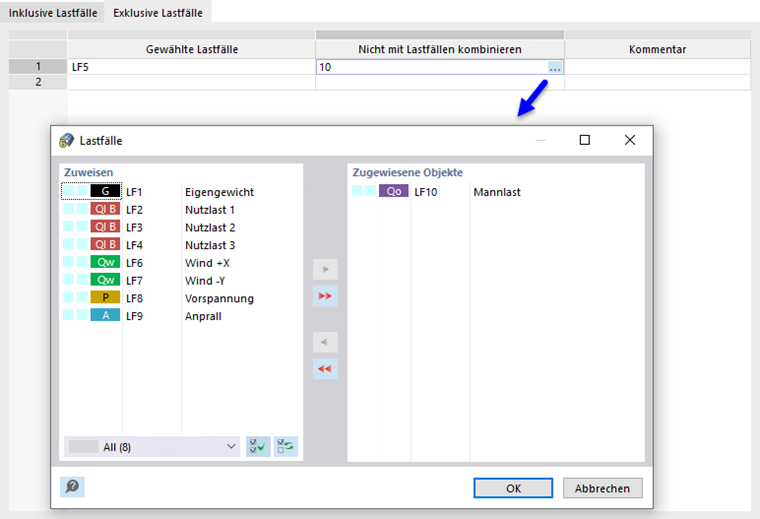 Wechselseitig ausschließende Lastfälle festlegen