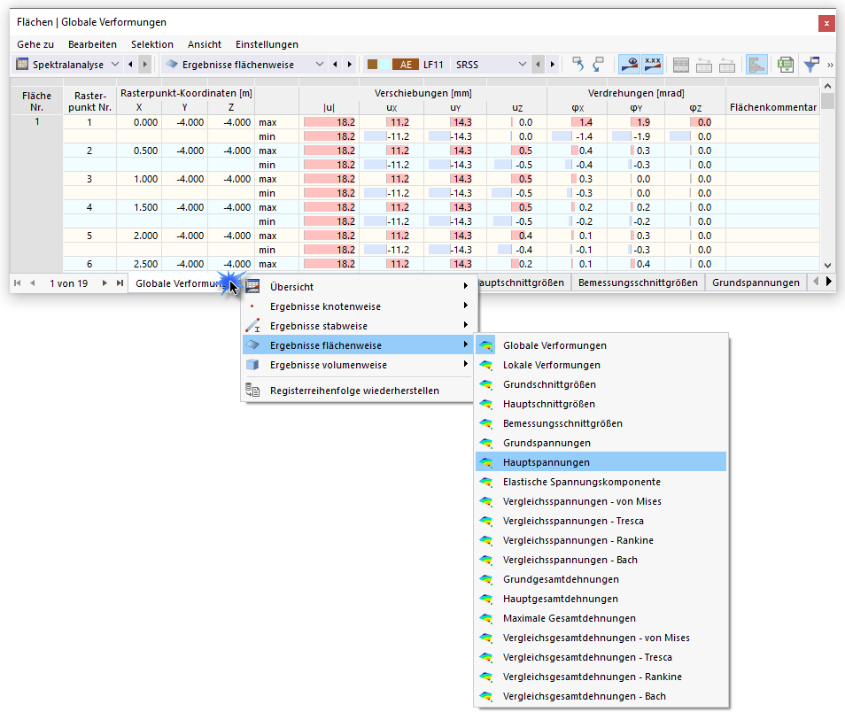 Kontextmenü für Tabellenregister