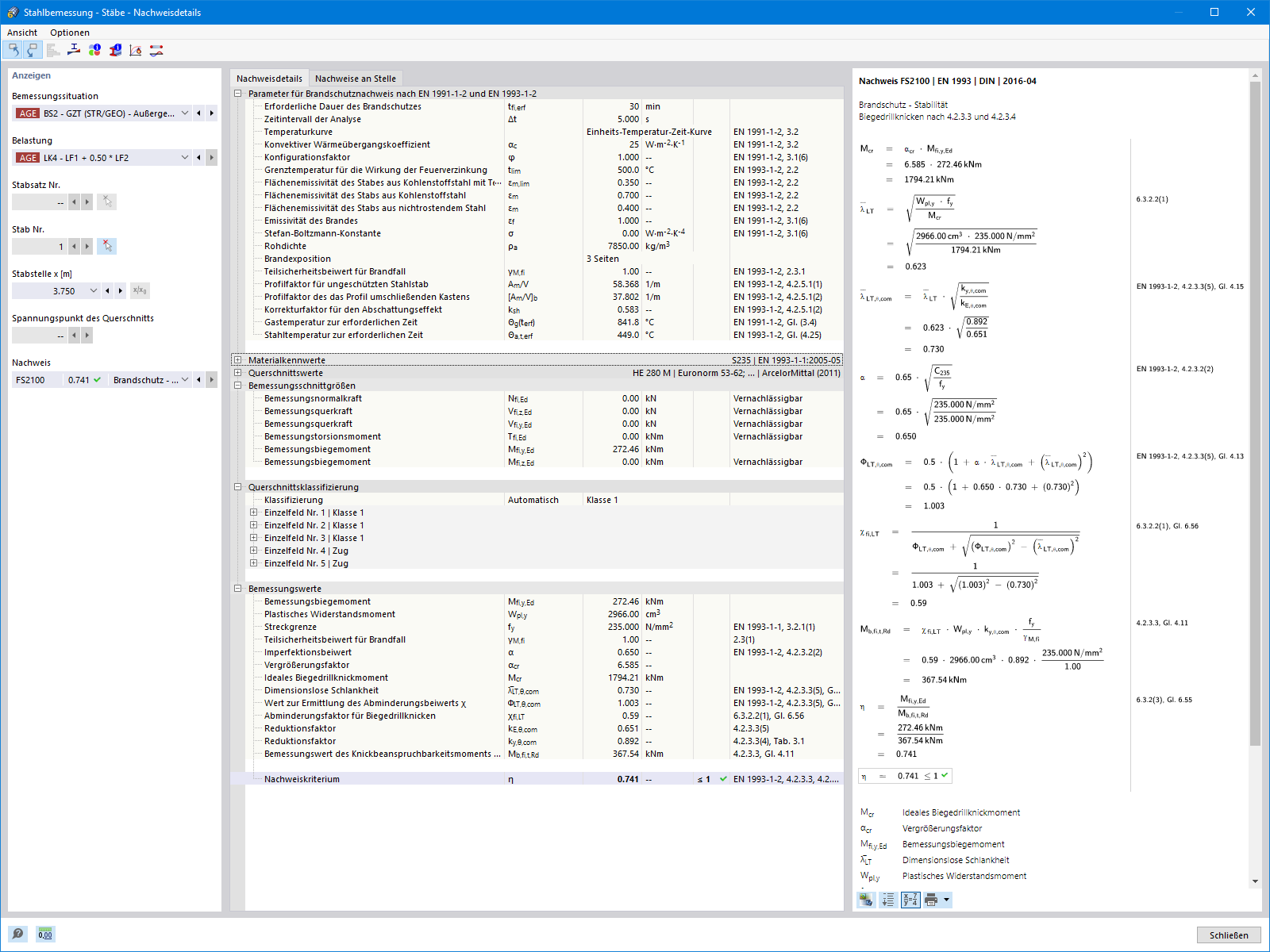 Brandschutznachweis mit detaillierten Darstellung zur Bemessung von Bauteilen für Feuerwiderstand.