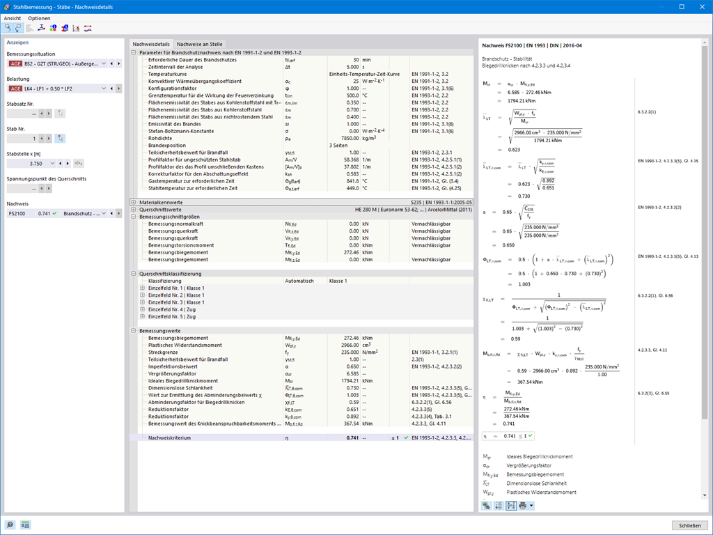 Brandschutznachweis mit detaillierten Darstellung zur Bemessung von Bauteilen für Feuerwiderstand.