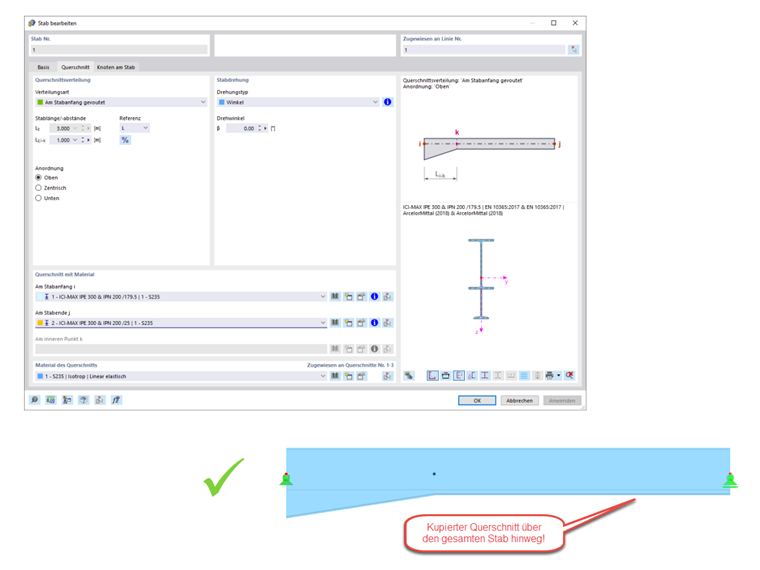 FAQ 005225 | Ich möchte ein Rahmenriegel mit Voute (mit kupiertem Querschnitt) modellieren. Dafür habe ich einen Stab mit der Querschnittsverteilung "Am Stabanfang