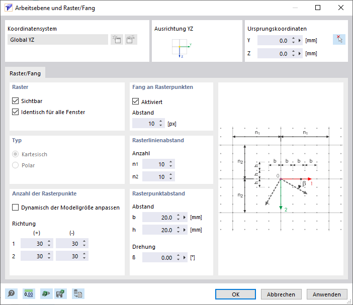 Dialog 'Arbeitsebene und Raster/Fang'