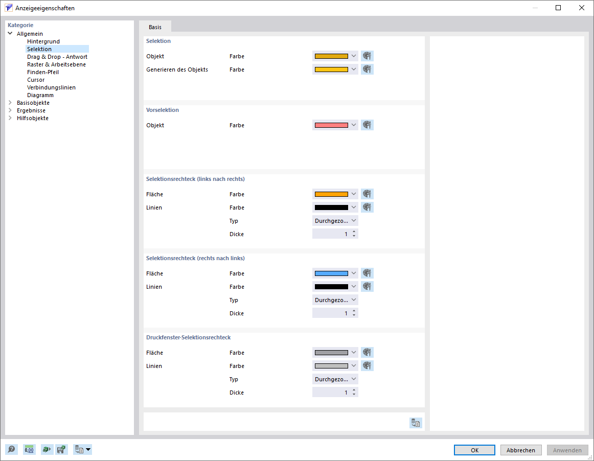 Dialog 'Anzeigeeigenschaften', Kategorie 'Selektion'