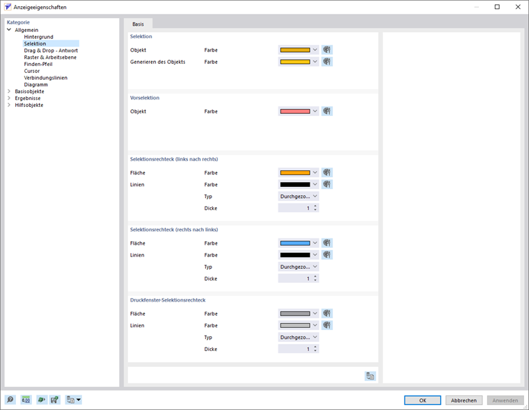 Dialog 'Anzeigeeigenschaften', Kategorie 'Selektion'