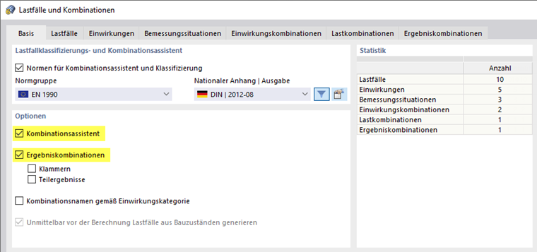 Kombinationsassistent und Ergebniskombinationen aktivieren