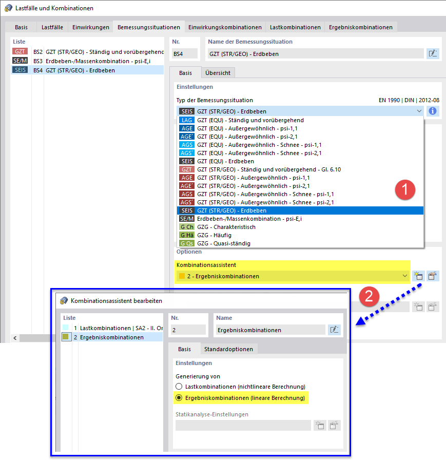 Bemessungssituation für Erdbeben mit Kombinationsassistent für Ergebniskombinationen definieren