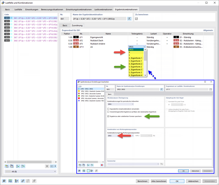 Teilergebnisse für Erdbeben-Ergebniskombination bei gespeicherten Eigenformen und SRSS-Regel