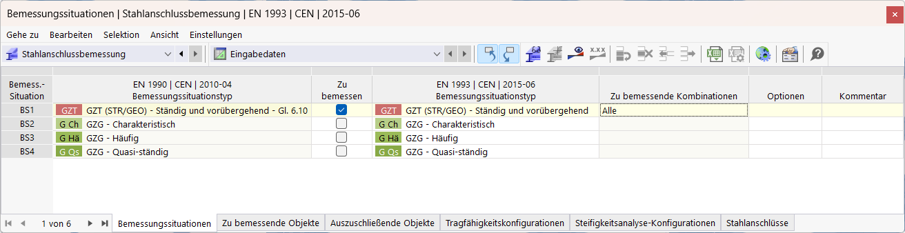 Eingabetabelle für Bemessungssituationen zur Stahlanschlussbemessung