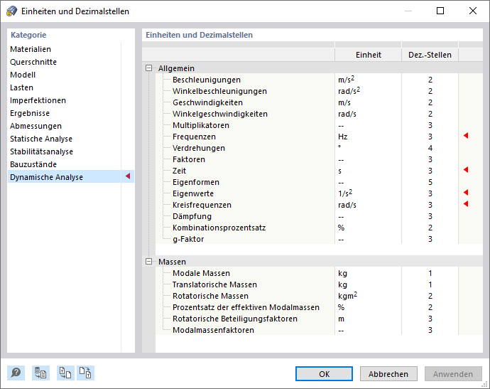 Einheiten und Dezimalstellen für dynamische Analyse anpassen