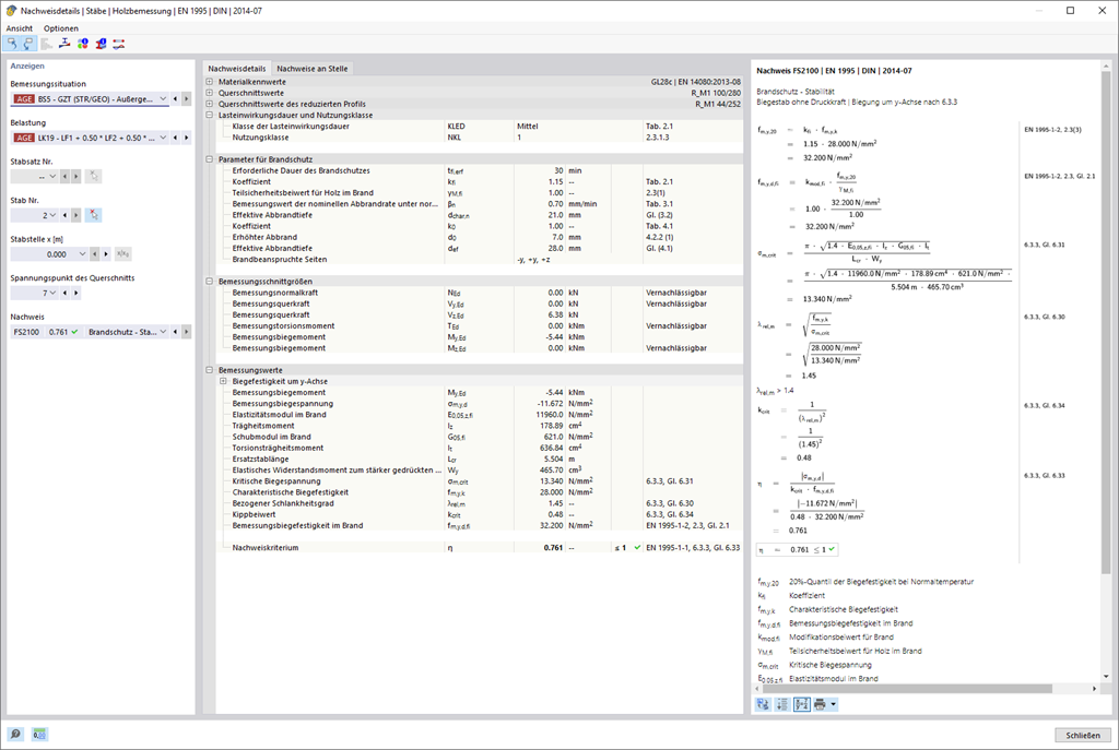 Ergebnisse der Brandschutzbemessung nach Norm EN 1995 bei Holzstrukturen.