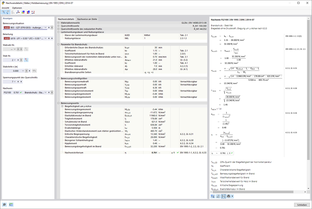Ergebnisse der Brandschutzbemessung nach Norm EN 1995 bei Holzstrukturen.