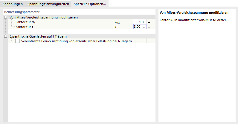 Dialog 'Stabkonfiguration': Spezielle Optionen festlegen