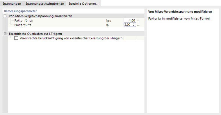 Dialog 'Stabkonfiguration': Spezielle Optionen festlegen
