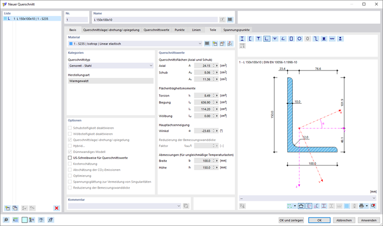 Dialog 'Neuer Querschnitt'