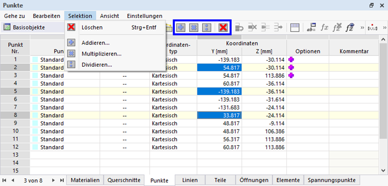 Markierte Zellen und Bearbeitungsfunktionen über Menü und Schaltflächen