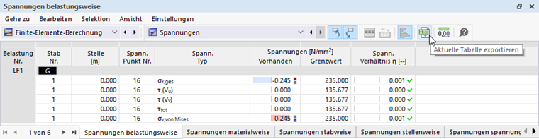 Schaltfläche 'Aktuelle Tabelle exportieren'