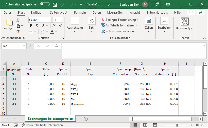 Excel-Tabelle mit Spannungen