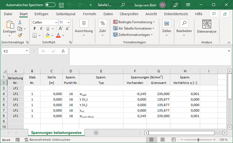 Excel-Tabelle mit Spannungen