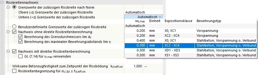 Grenzwert der zulässigen Rissbreite festlegen