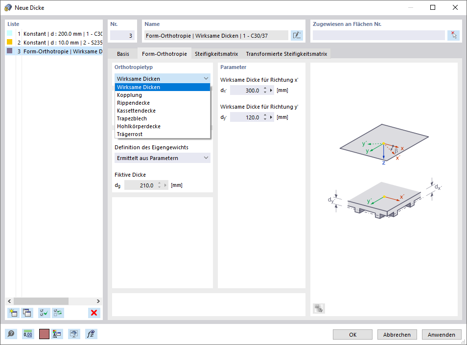Dialog 'Neue Dicke', Register 'Form-Orthotropie'