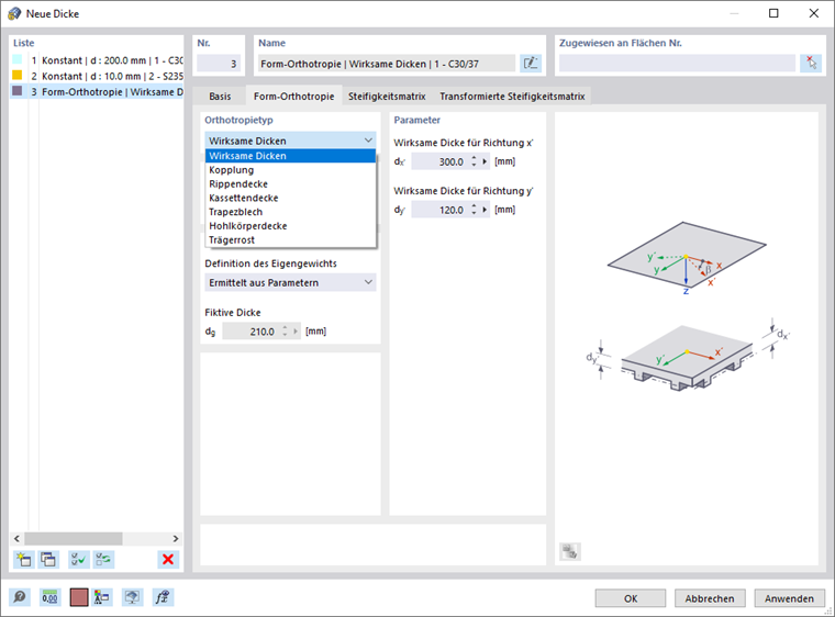 Dialog 'Neue Dicke', Register 'Form-Orthotropie'