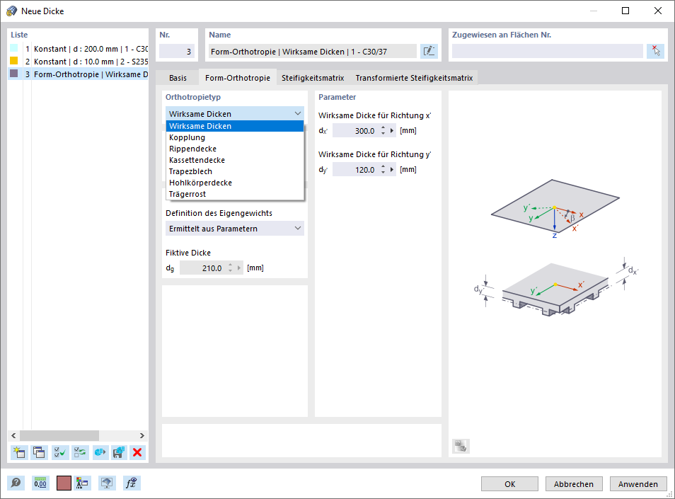 Dialog 'Neue Dicke', Register 'Form-Orthotropie'