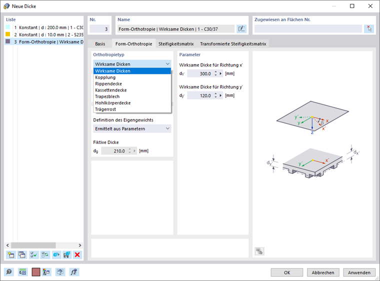 Dialog 'Neue Dicke', Register 'Form-Orthotropie'