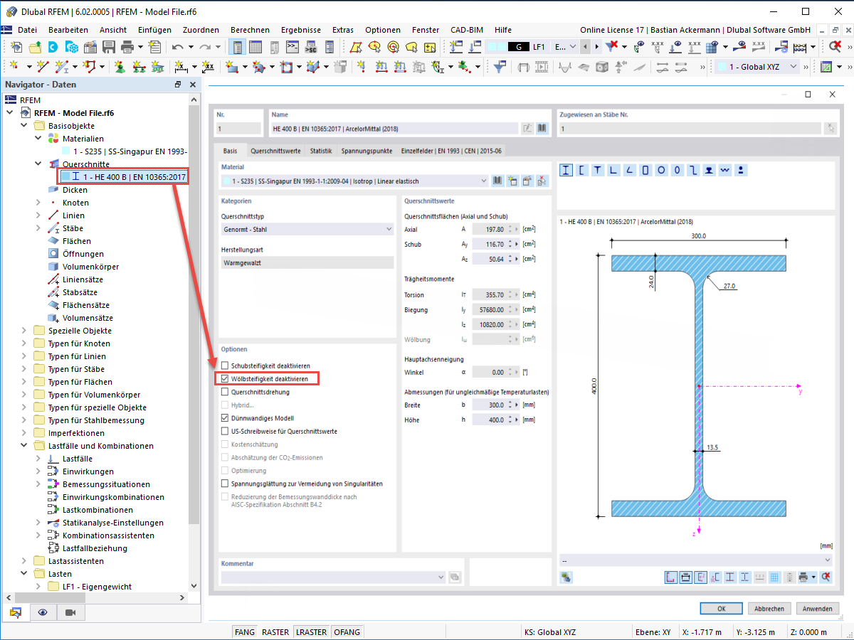 FAQ 005241 | Wie kann ich den 7. Freiheitsgrad nur für bestimmte Stäbe oder Querschnitte deaktivieren?